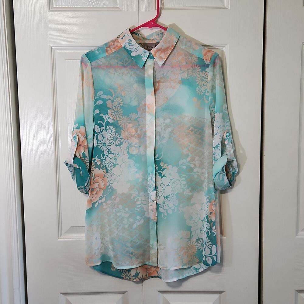 Chico's‎ Women's Semi-sheer Button Down Multi-colored Floral Blouse Size 0/SM